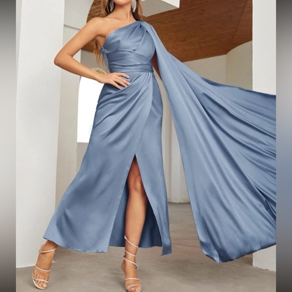 Luxe one shoulder party formal evening wedding prom satin dress - Picture 10 of 16